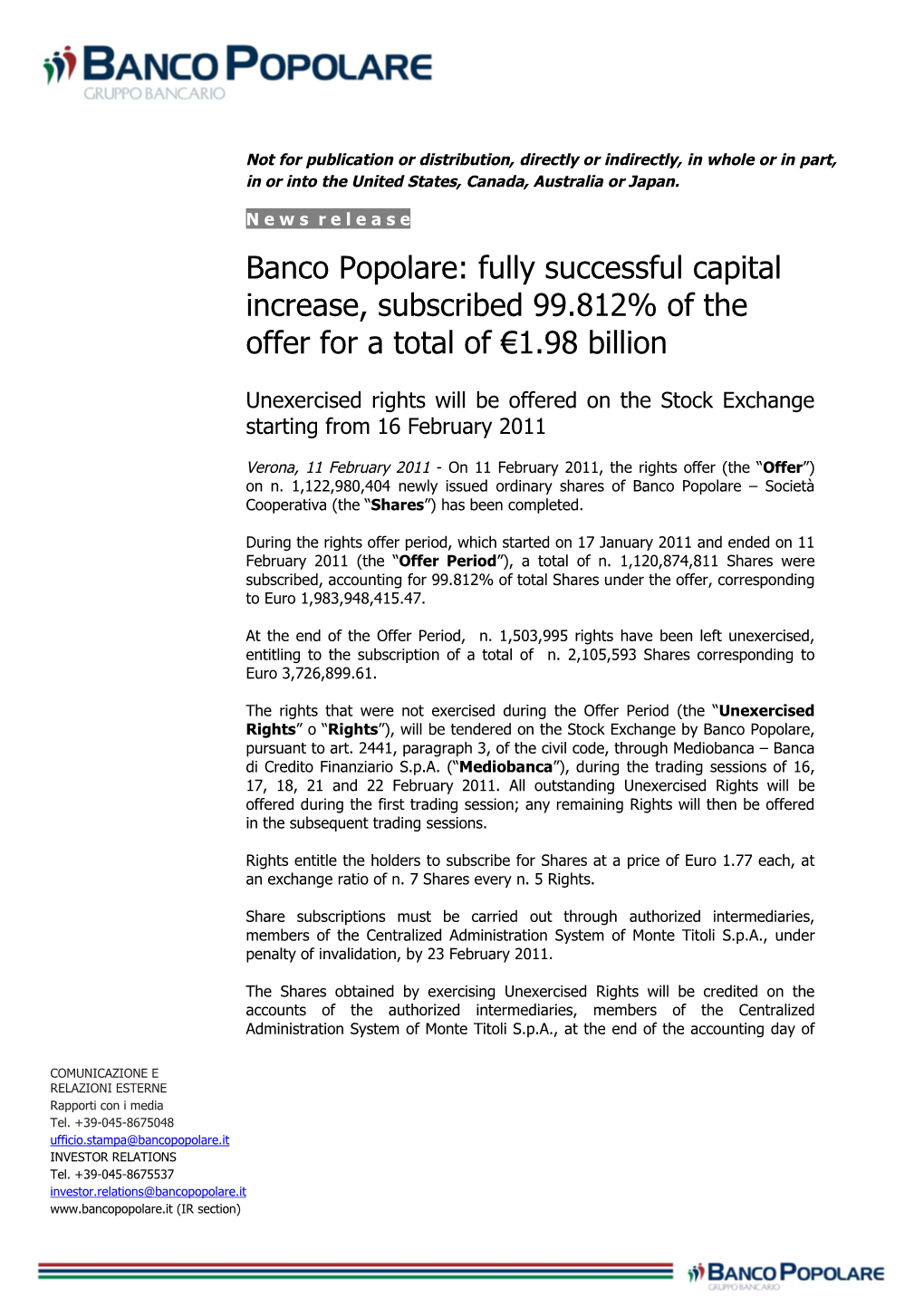 Banco Popolare: Fully Successful Capital Increase, Subscribed 99.812% of the Offer for a Total of €1.98 Billion