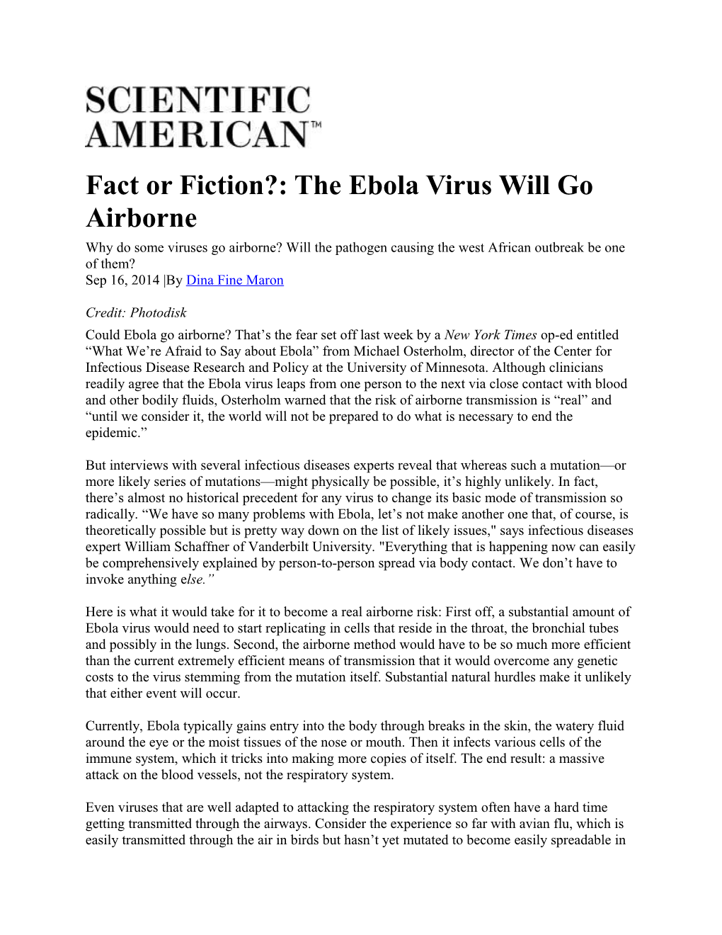 Fact Or Fiction?: the Ebola Virus Will Go Airborne