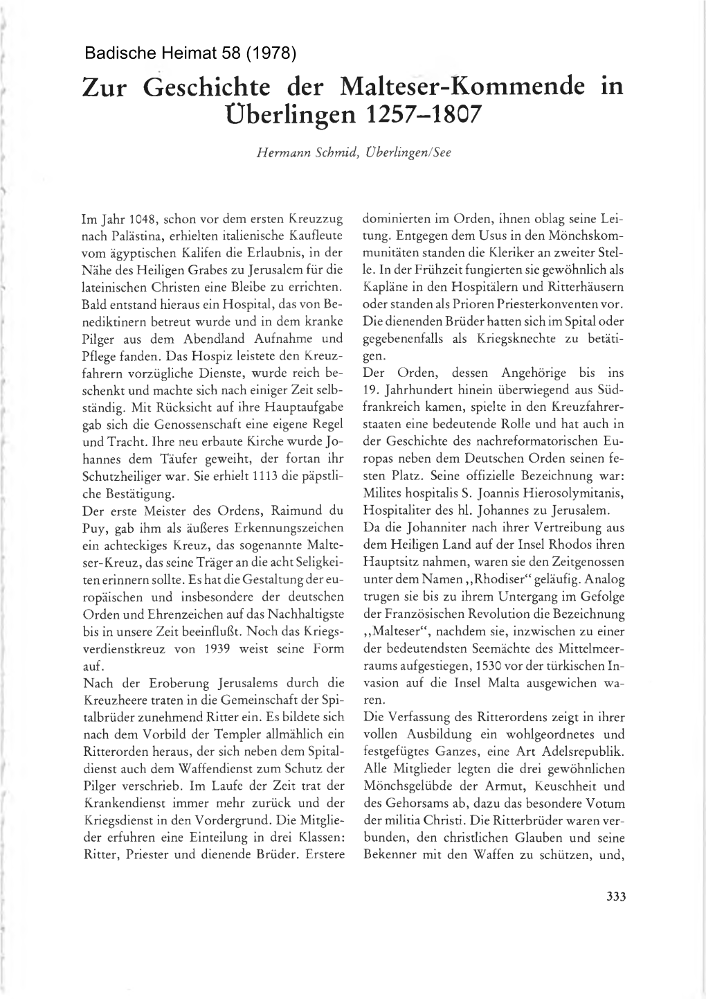 Zur Geschichte Der Malteser-Kommende in Uberlingen 1257-1807