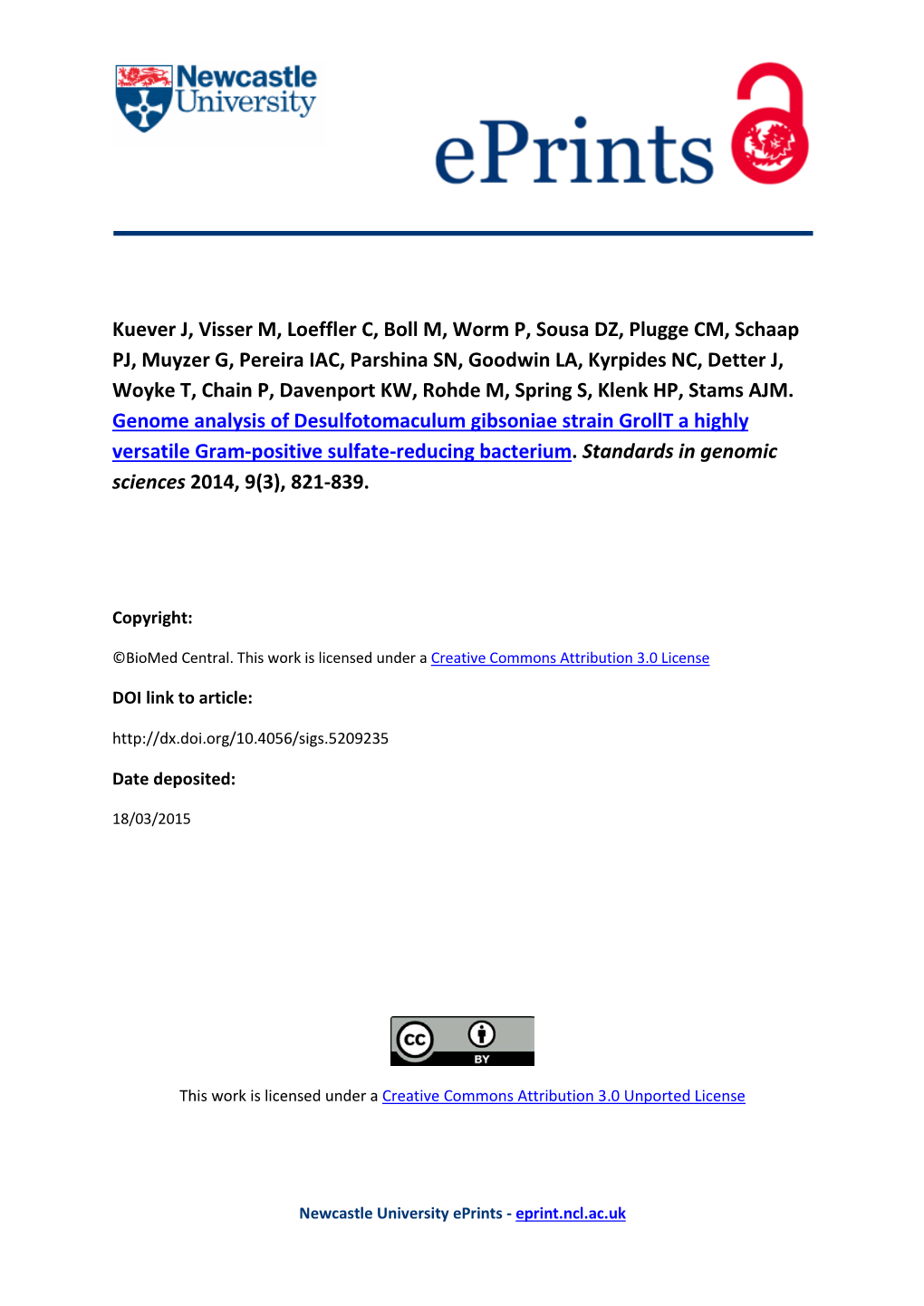 Genome Analysis of Desulfotomaculum Gibsoniae Strain Grollt a Highly Versatile Gram-Positive Sulfate-Reducing Bacterium