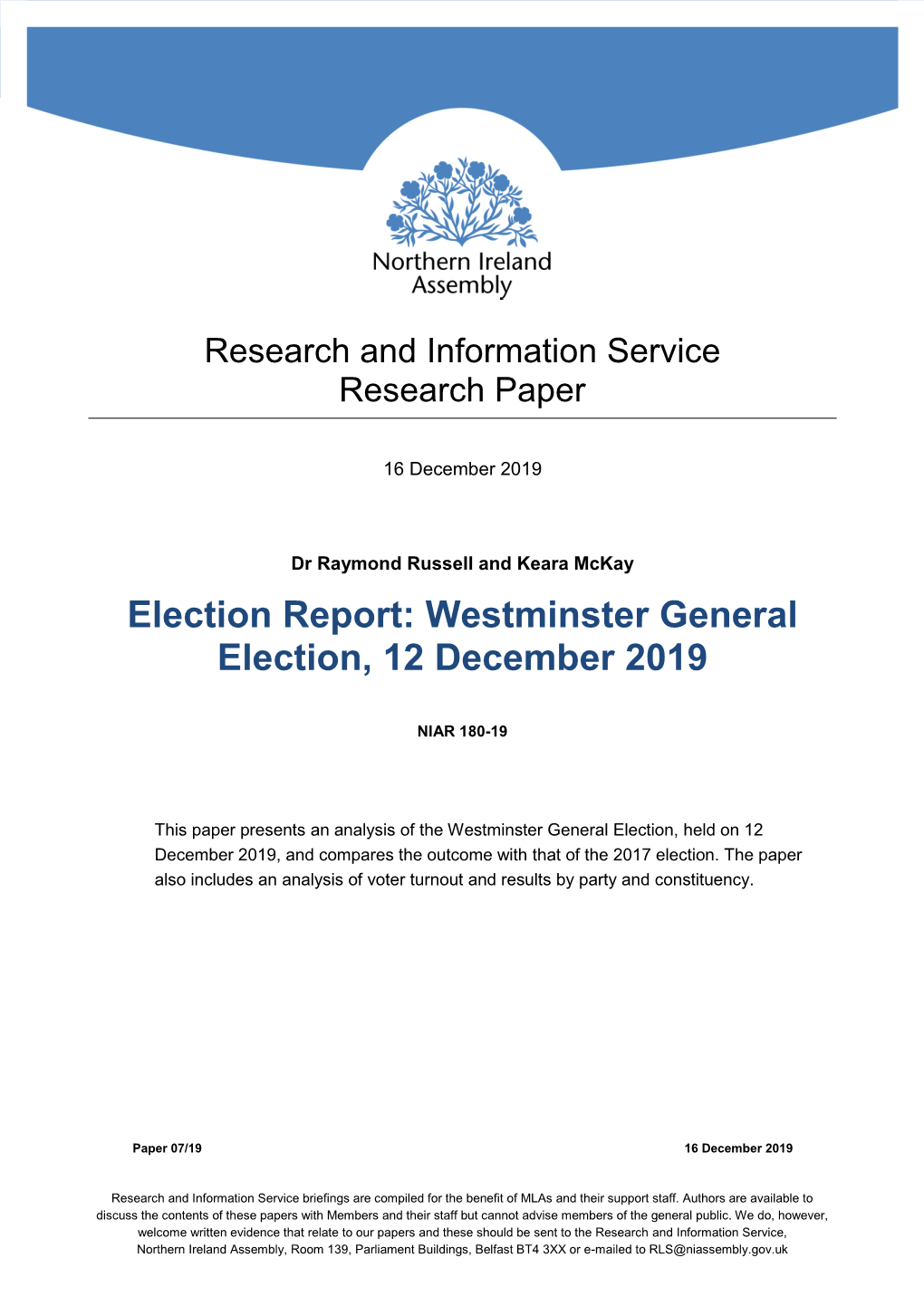 Westminster General Election, 12 December 2019