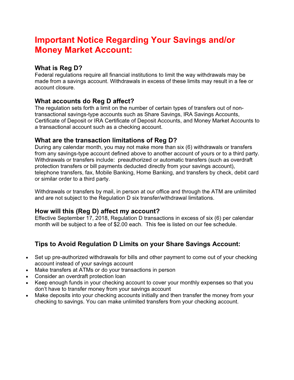 Important Notice Regarding Your Savings And/Or Money Market Account