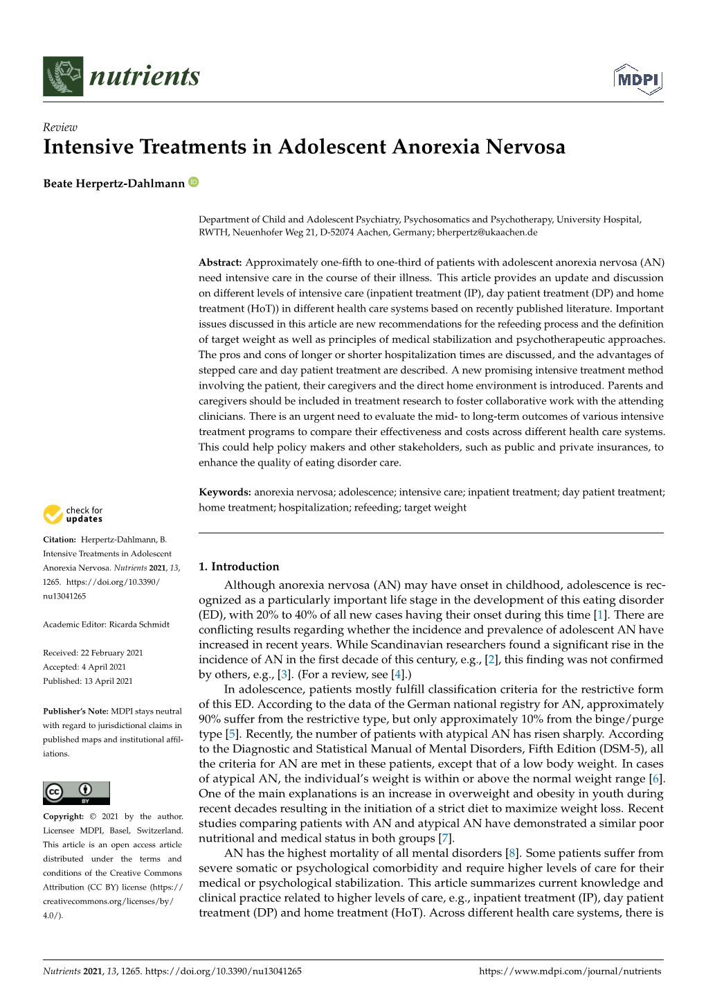 Intensive Treatments in Adolescent Anorexia Nervosa