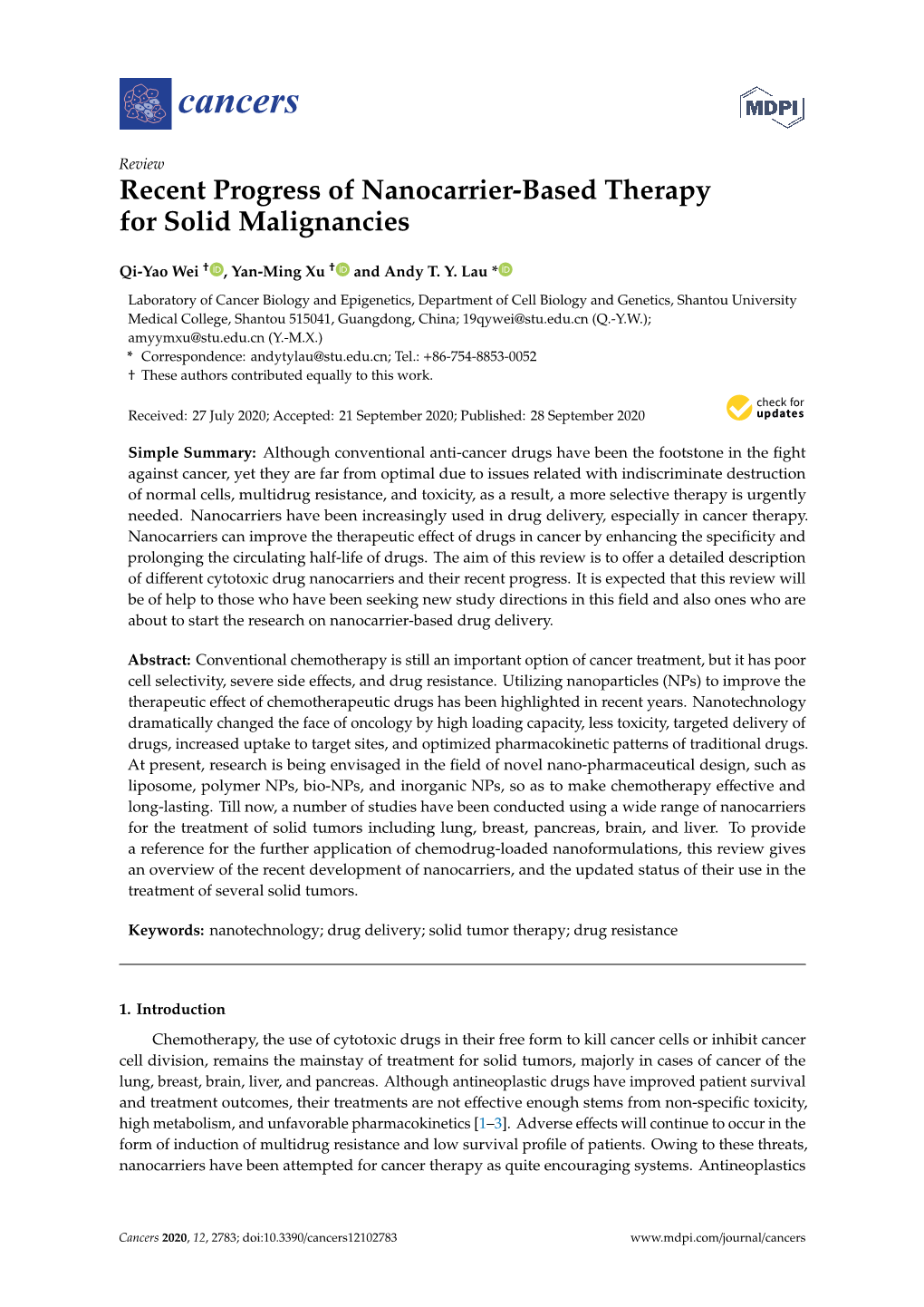 Recent Progress of Nanocarrier-Based Therapy for Solid Malignancies