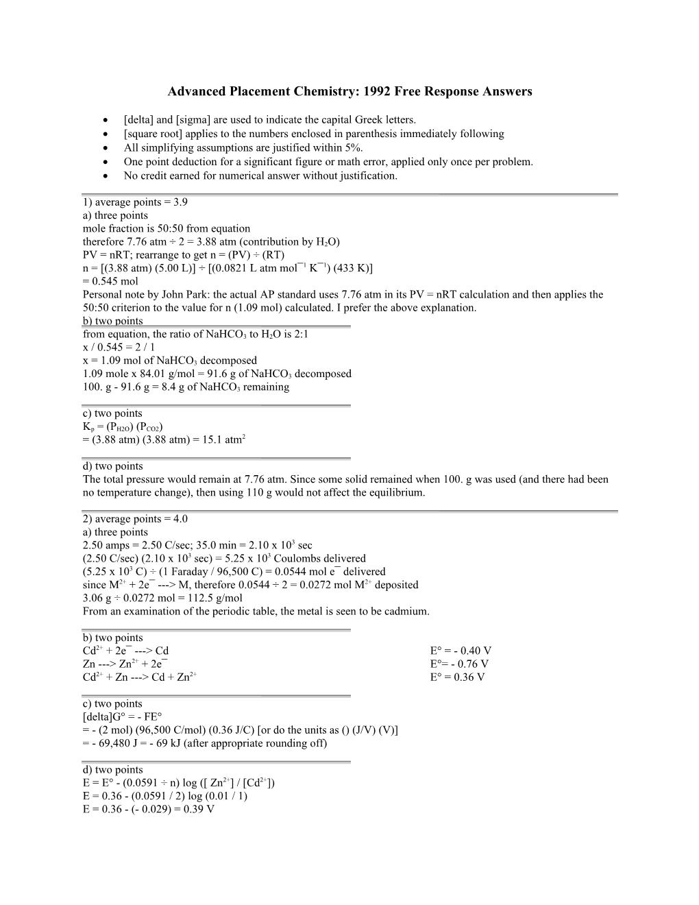 Advanced Placement Chemistry: 1992 Free Response Answers