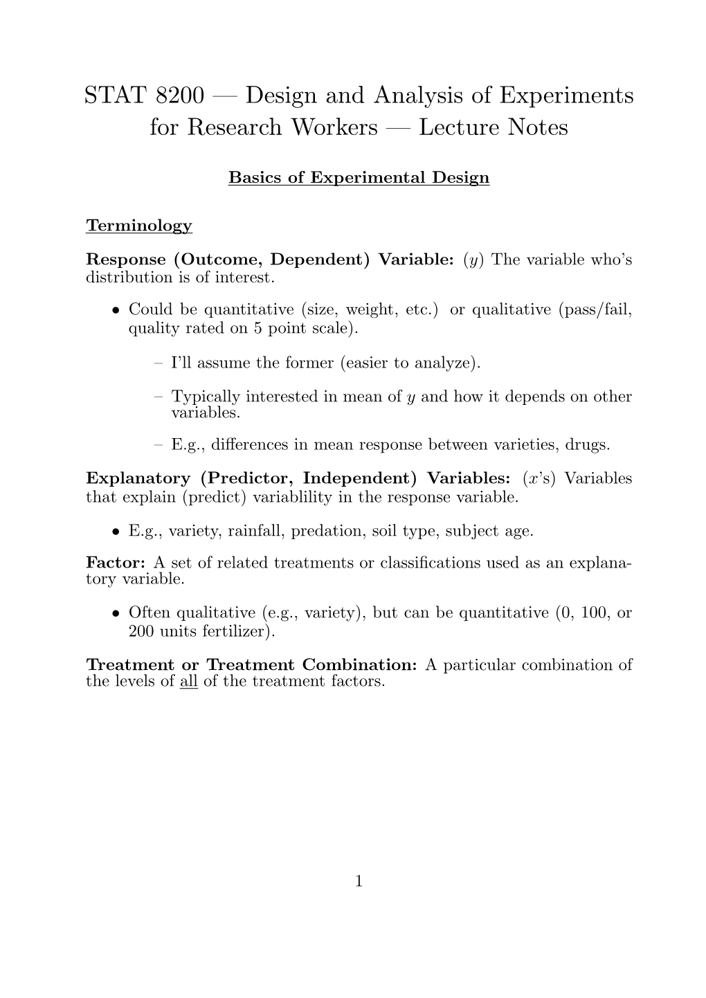 STAT 8200 — Design and Analysis of Experiments for Research Workers — Lecture Notes