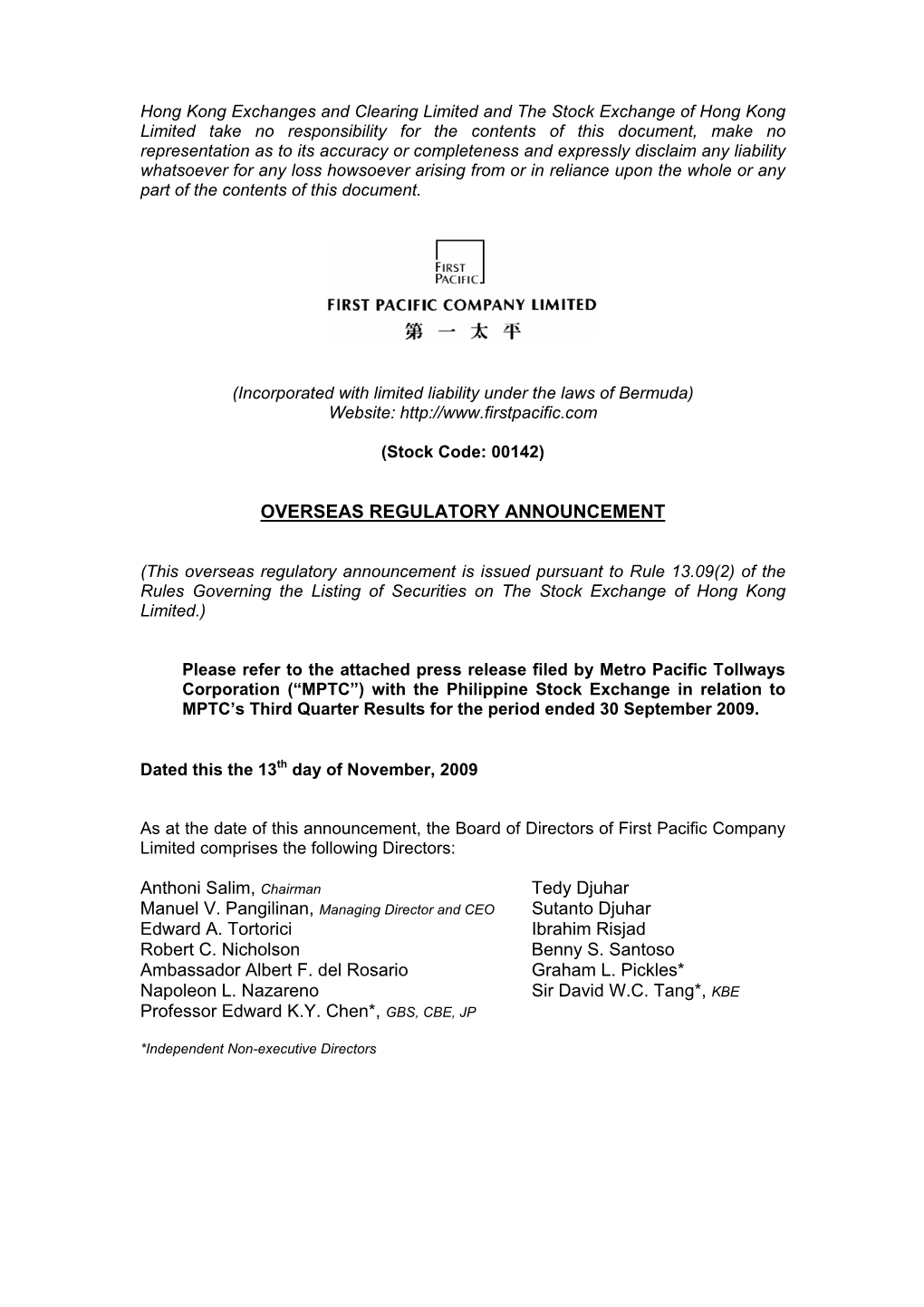 Overseas Regulatory Announcement: Metro Pacific Tollways