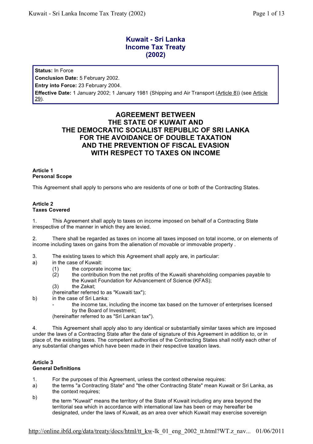 Kuwait - Sri Lanka Income Tax Treaty (2002) Page 1 of 13
