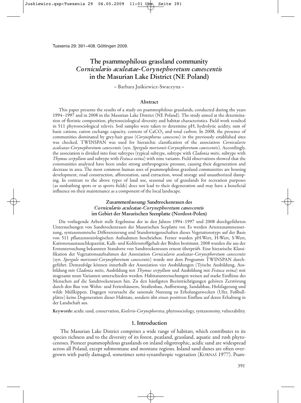 The Psammophilous Grassland Community Corniculario Aculeatae-Corynephoretum Canescentis in the Masurian Lake District (NE Poland) – Barbara Juśkiewicz-Swaczyna –