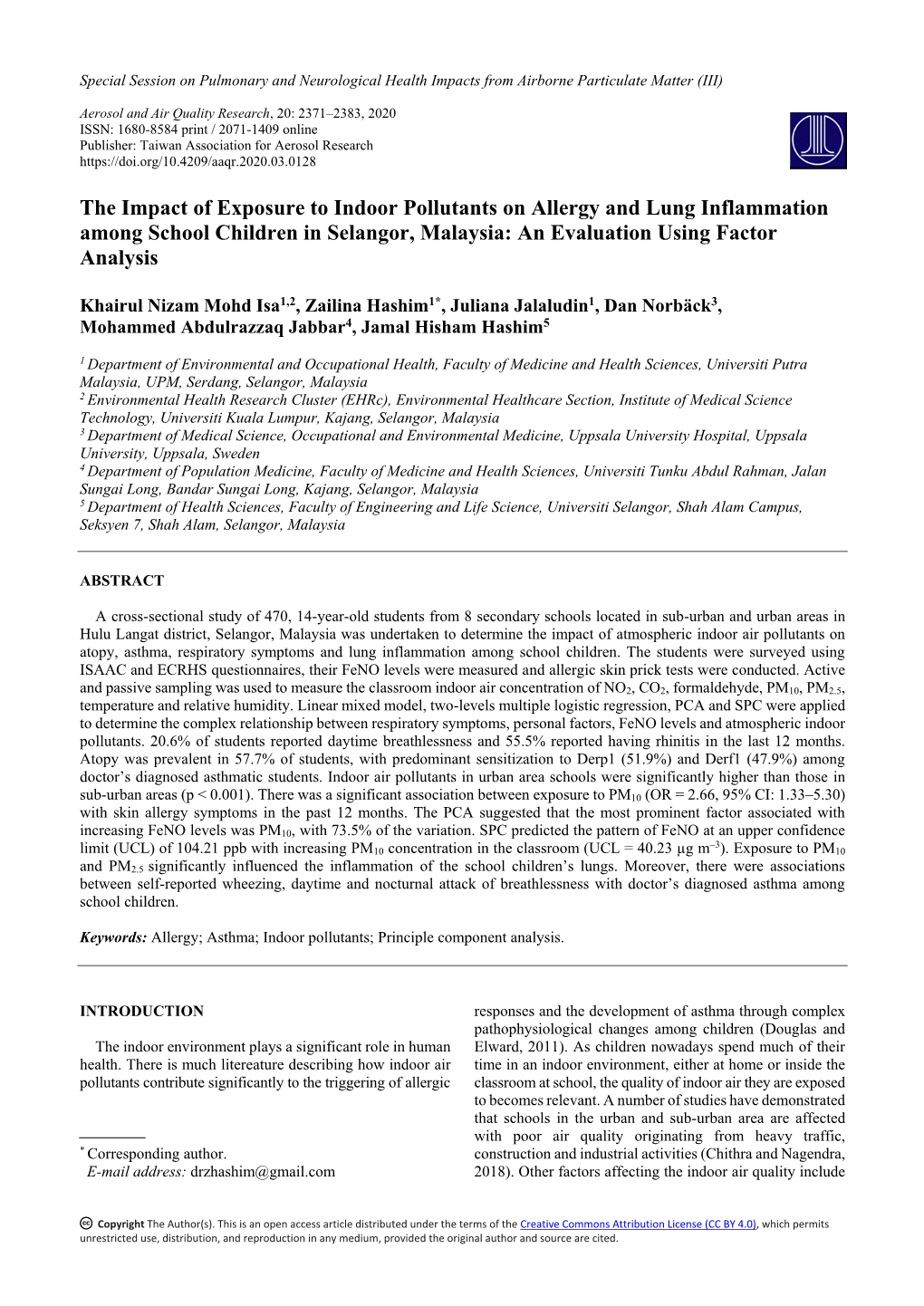 The Impact of Exposure to Indoor Pollutants on Allergy and Lung Inflammation Among School Children in Selangor, Malaysia: an Evaluation Using Factor Analysis