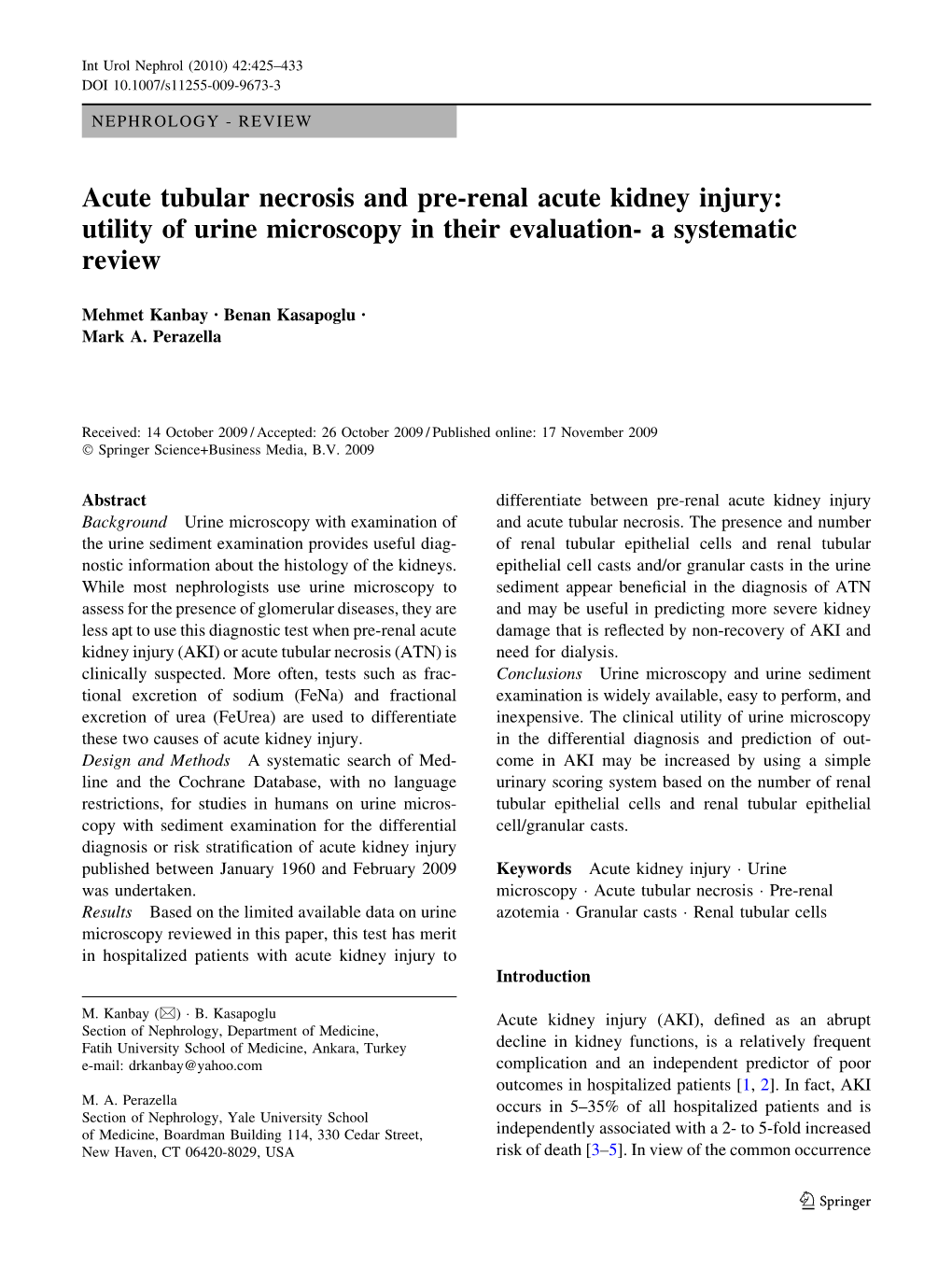 Acute Tubular Necrosis and Pre-Renal Acute Kidney Injury: Utility of Urine Microscopy in Their Evaluation- a Systematic Review