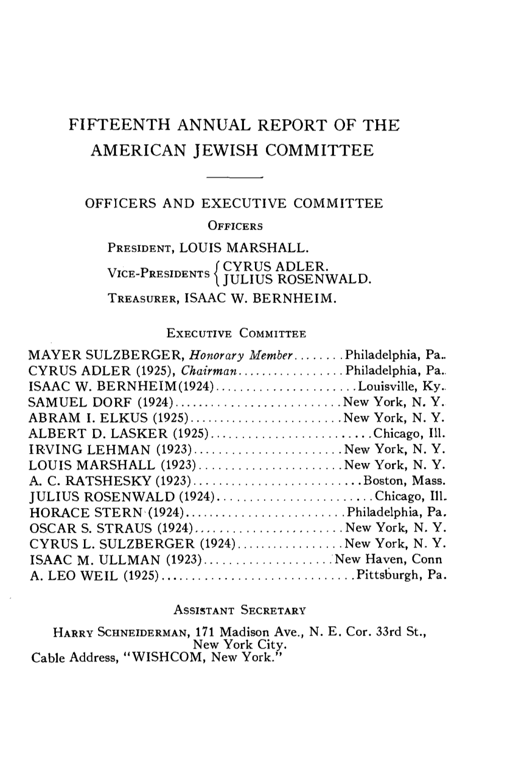 Fifteenth Annual Report of the American Jewish Committee