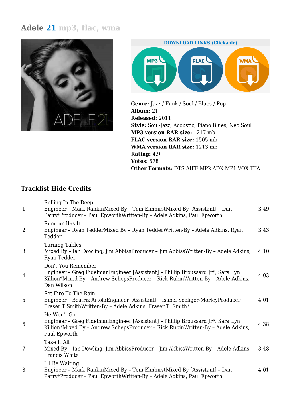 Adele 21 Mp3, Flac, Wma