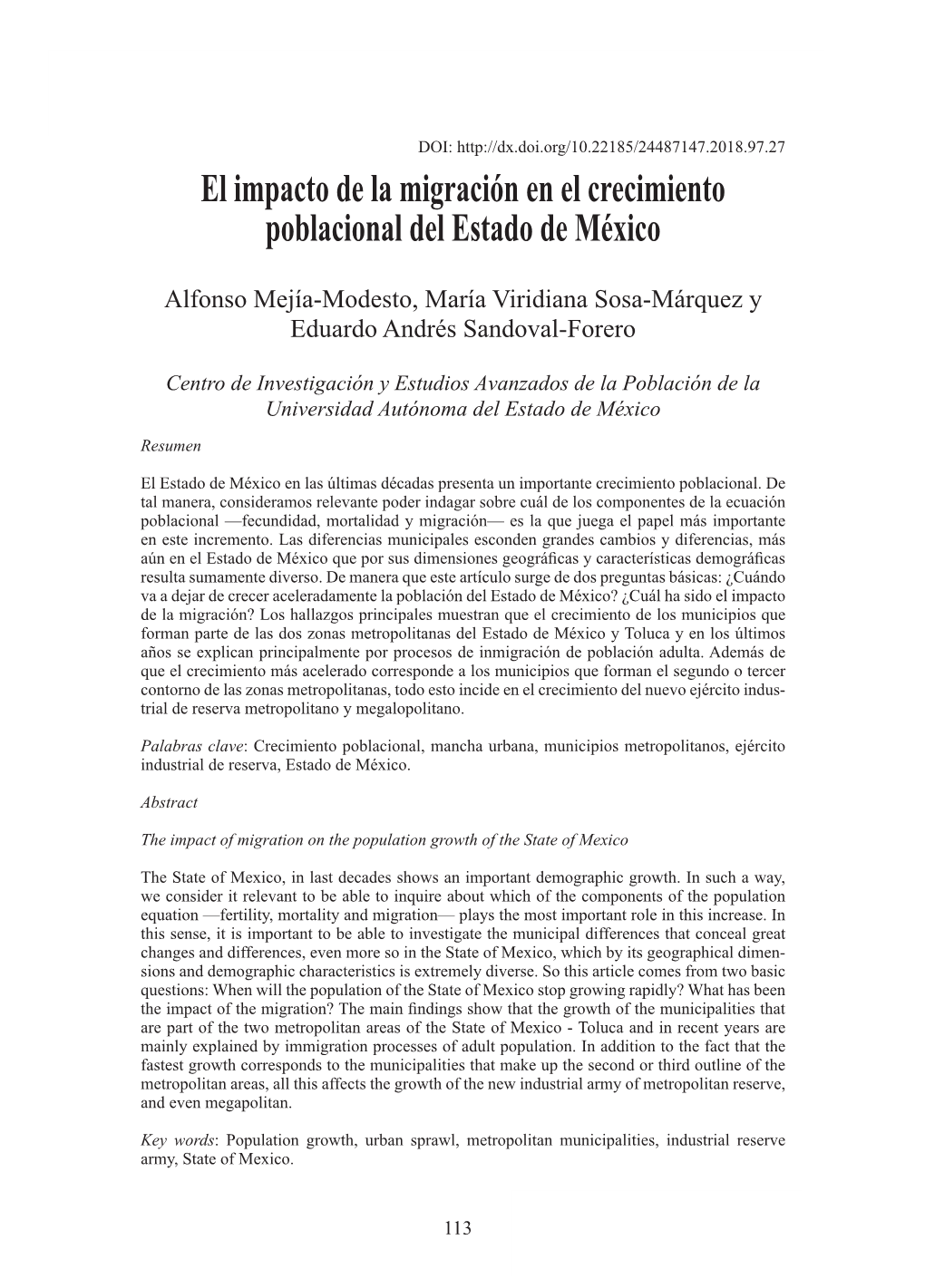 El Impacto De La Migración En El Crecimiento Poblacional Del Estado De México / A