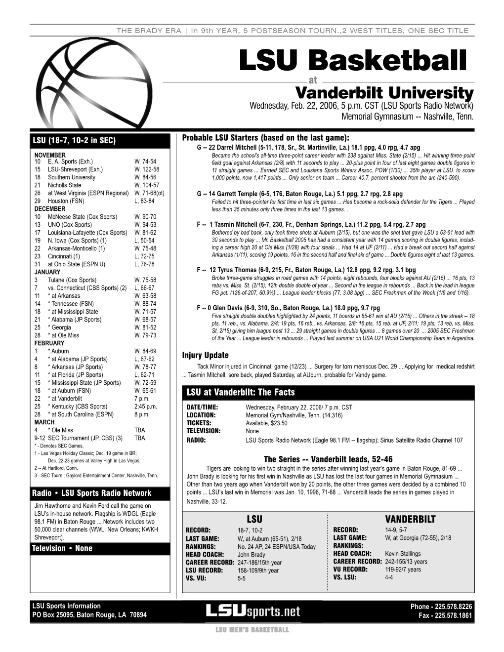 LSU Basketball at Vanderbilt University Wednesday, Feb