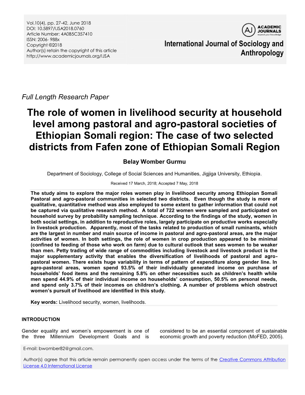 The Role of Women in Livelihood Security at Household Level Among