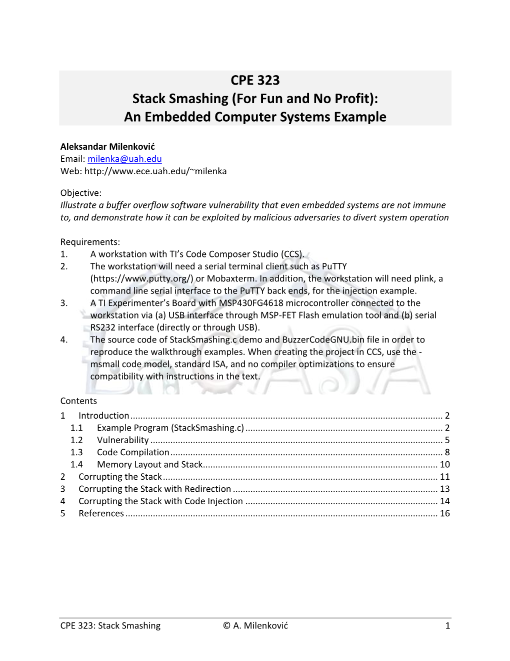 CPE 323 Stack Smashing (For Fun and No Profit): an Embedded Computer Systems Example