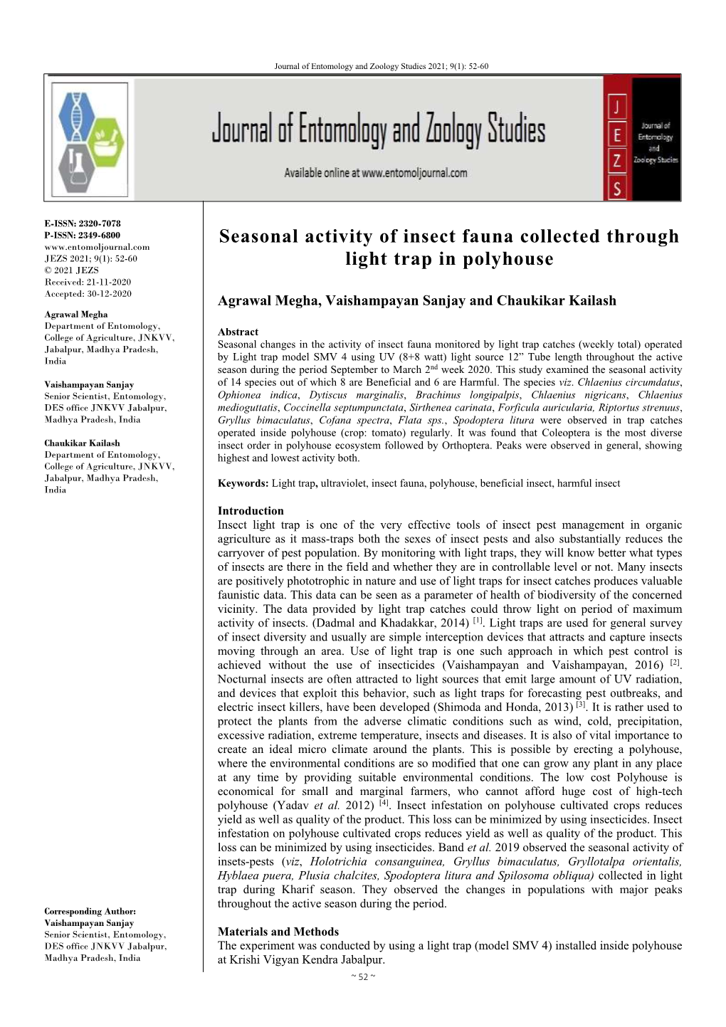 Seasonal Activity of Insect Fauna Collected Through Light Trap In