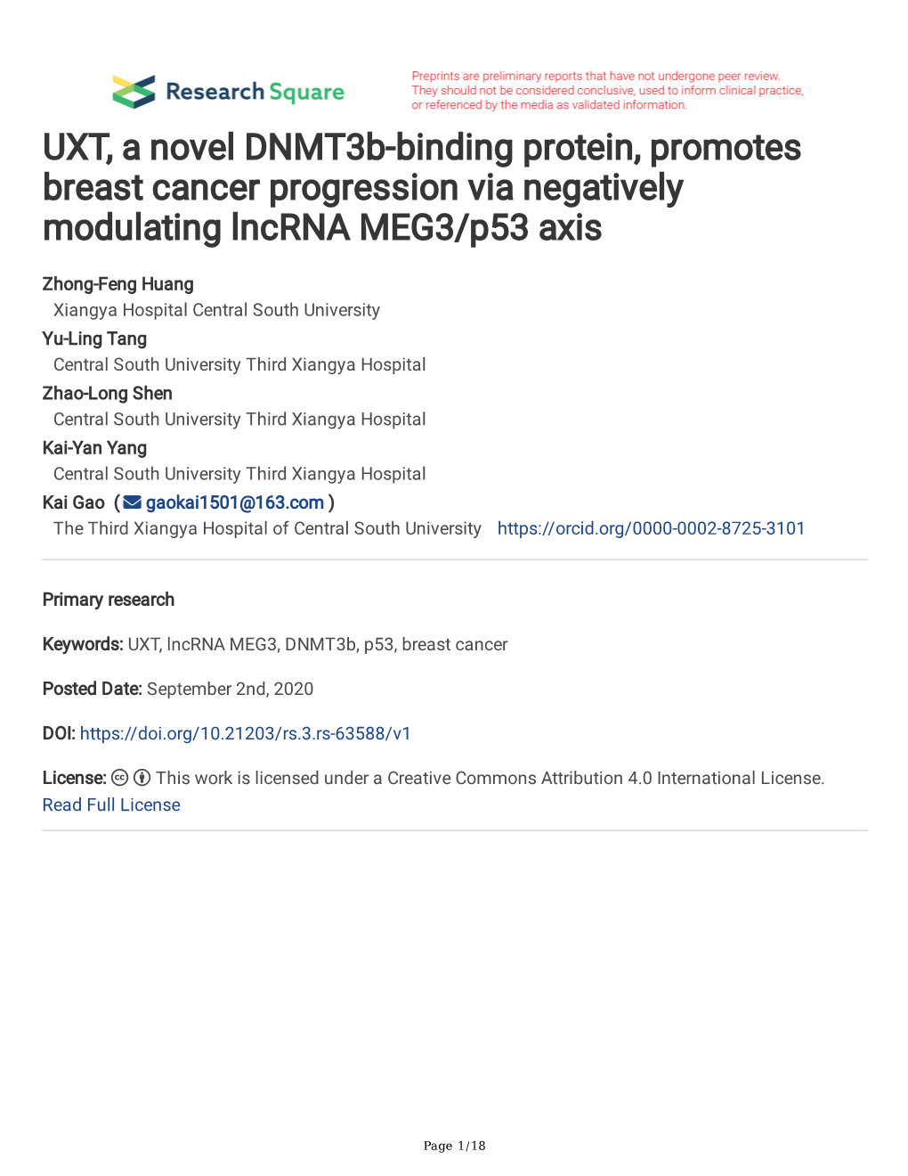 UXT, a Novel Dnmt3b-Binding Protein, Promotes Breast Cancer Progression Via Negatively Modulating Lncrna MEG3/P53 Axis