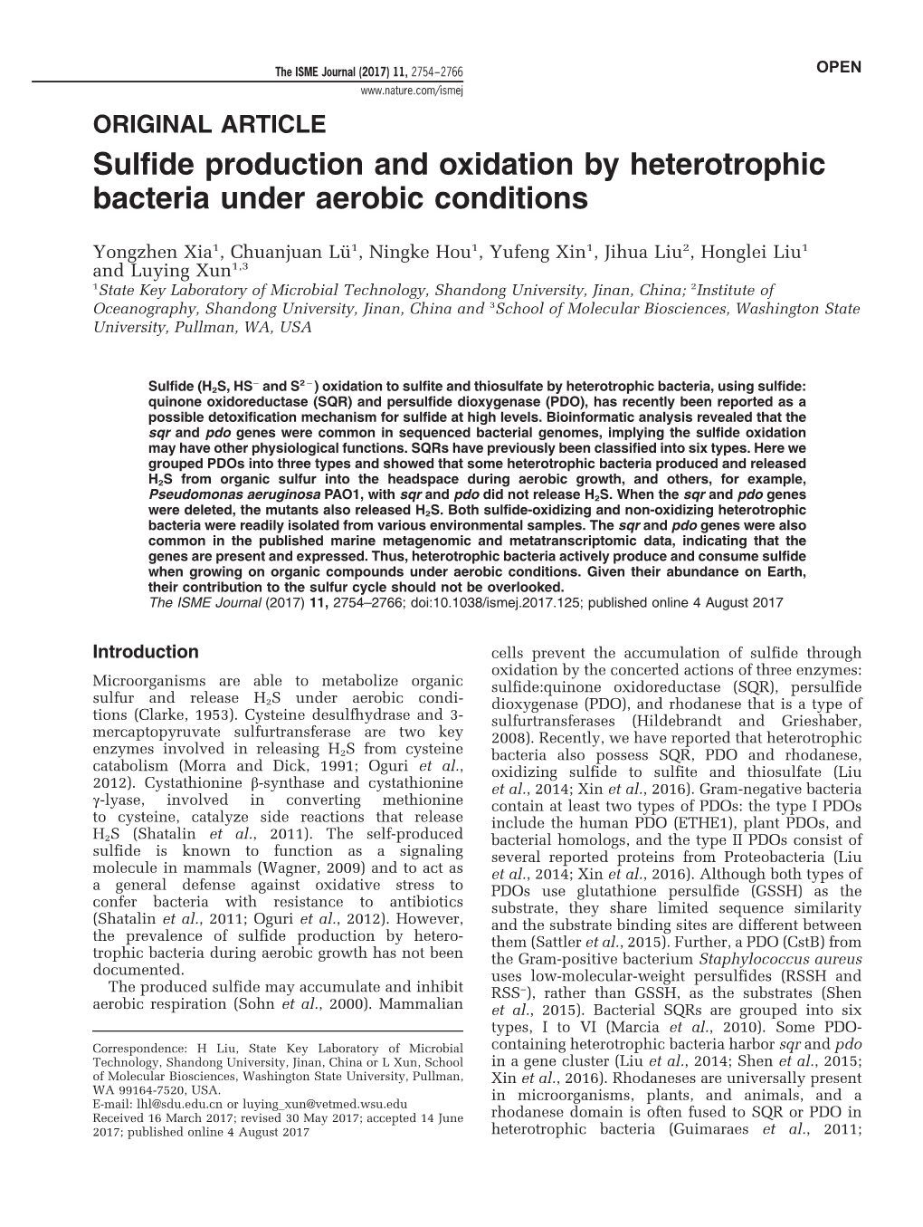 Sulfide Production and Oxidation by Heterotrophic Bacteria Under Aerobic Conditions