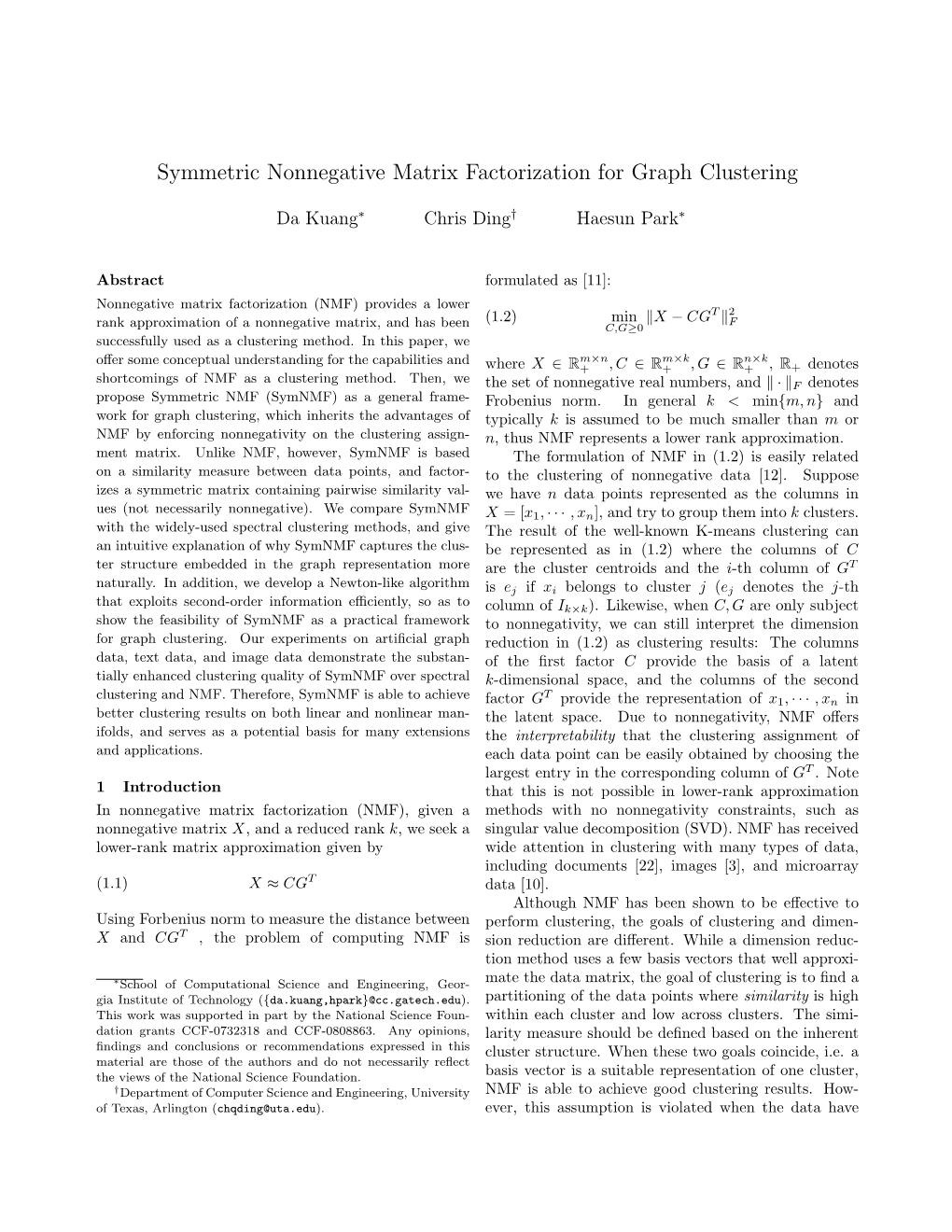 Symmetric Nonnegative Matrix Factorization for Graph Clustering