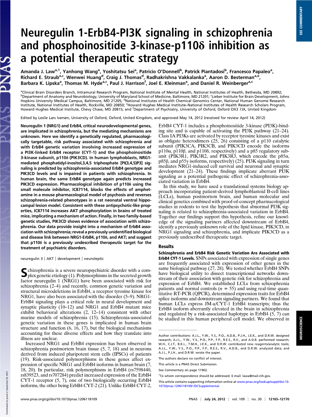 Neuregulin 1-Erbb4-PI3K Signaling in Schizophrenia And