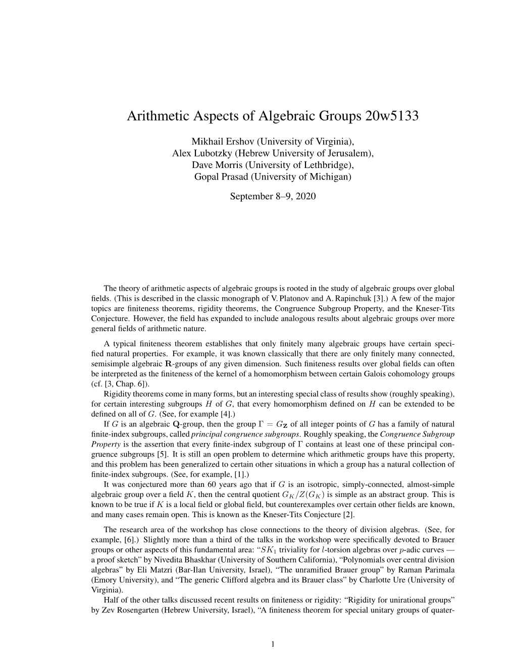 Arithmetic Aspects of Algebraic Groups 20W5133