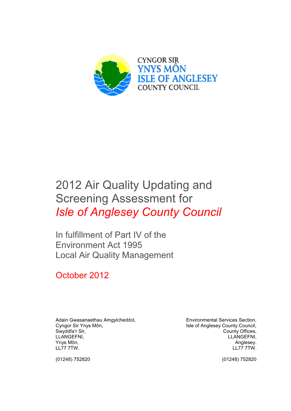 Air Quality Updating and Screening Assessment for Isle of Anglesey County Council