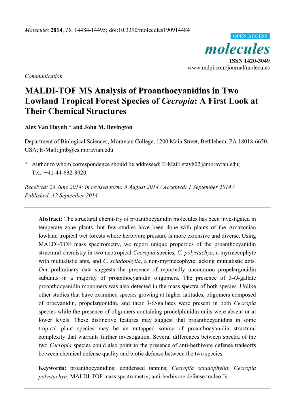 MALDI-TOF MS Analysis of Proanthocyanidins in Two Lowland Tropical Forest Species of Cecropia: a First Look at Their Chemical Structures