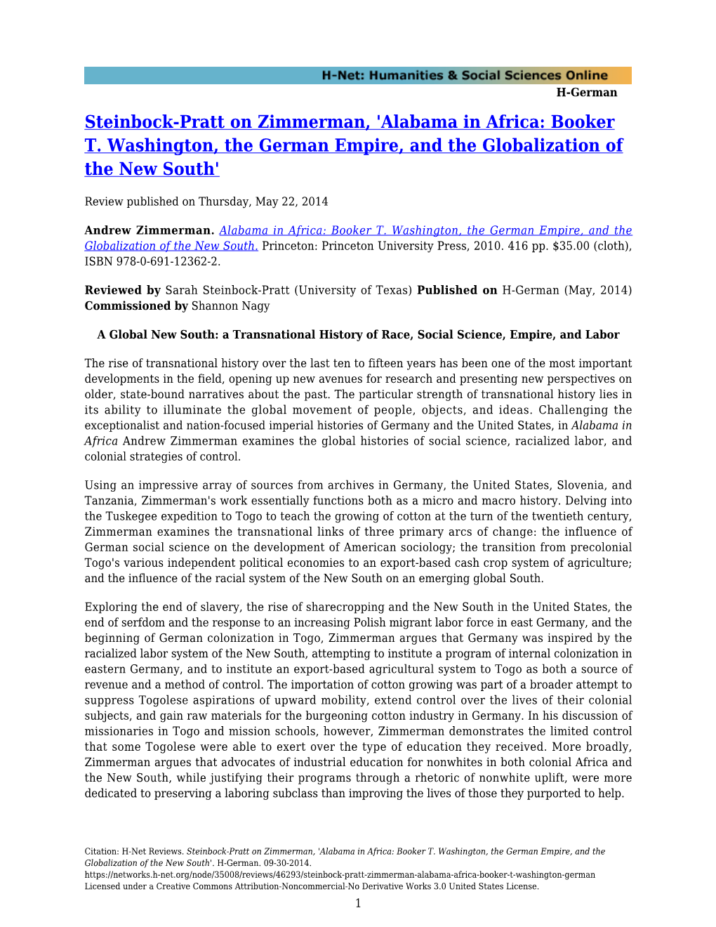 Steinbock-Pratt on Zimmerman, 'Alabama in Africa: Booker T. Washington, the German Empire, and the Globalization of the New South'