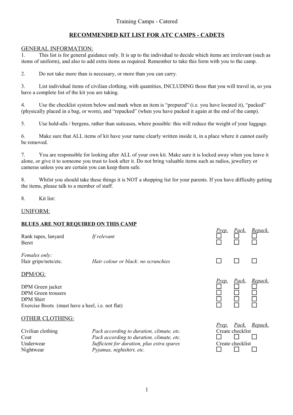 Recommended Kit List for Atc Camps - Cadets