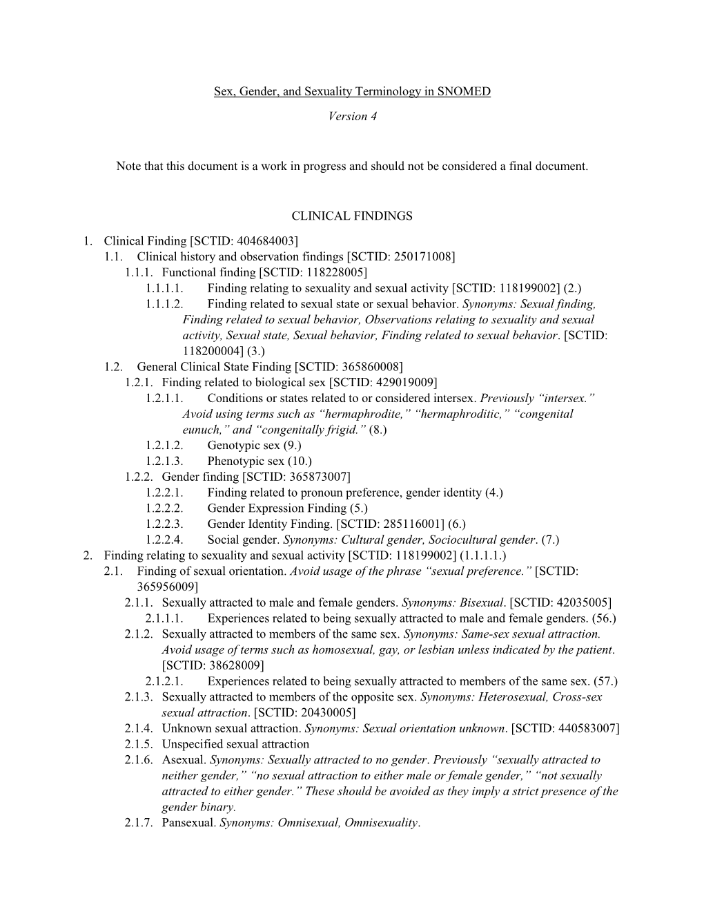 Sex, Gender, and Sexuality Terminology in SNOMED Version 4