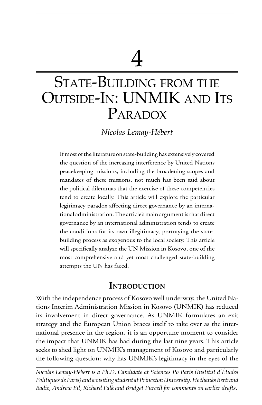 State-Building from the Outside-In: UNMIK and Its Paradox