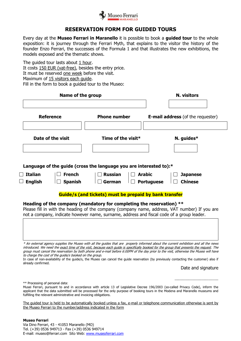 Reservation Form for Guided Tours