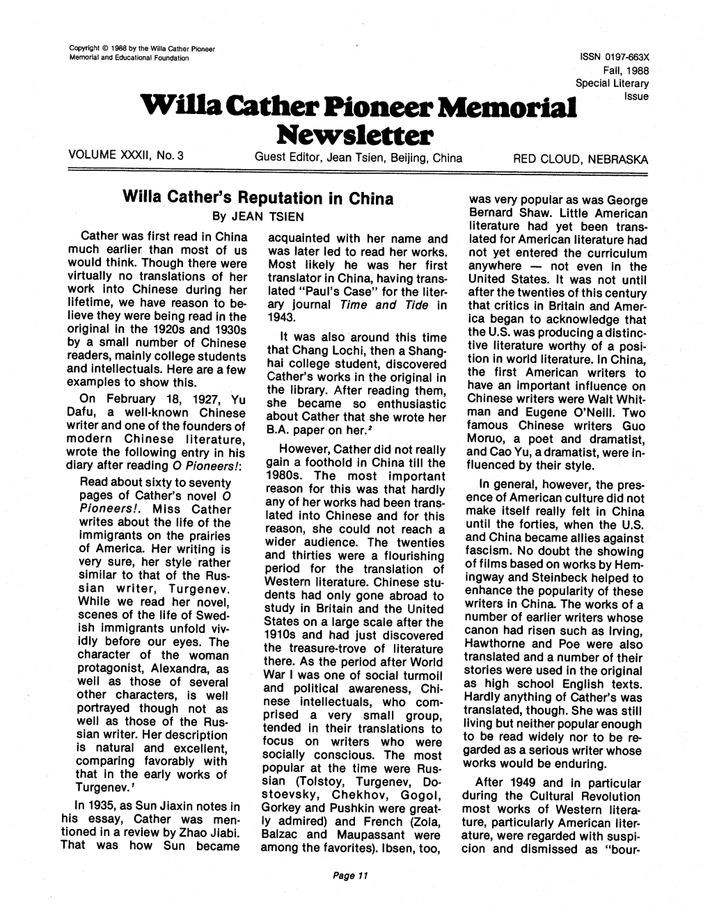 Willa Cather Pioneer Memorial Issue Newsletter VOLUME Xxxli, No