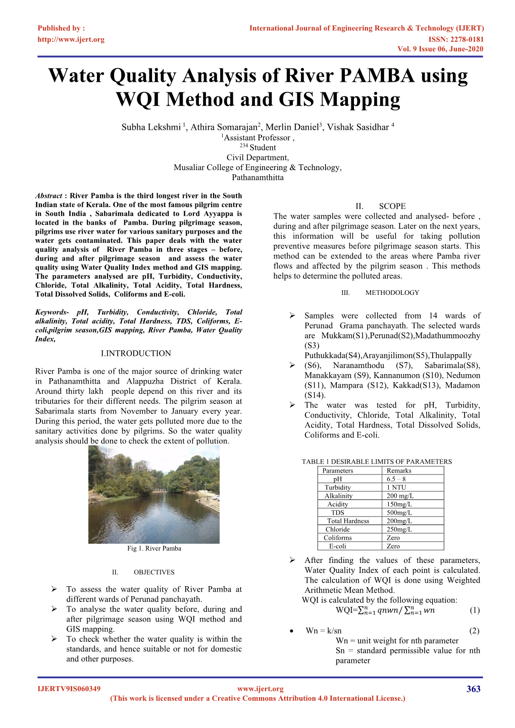 Water Quality Analysis of River PAMBA Using WQI Method and GIS Mapping