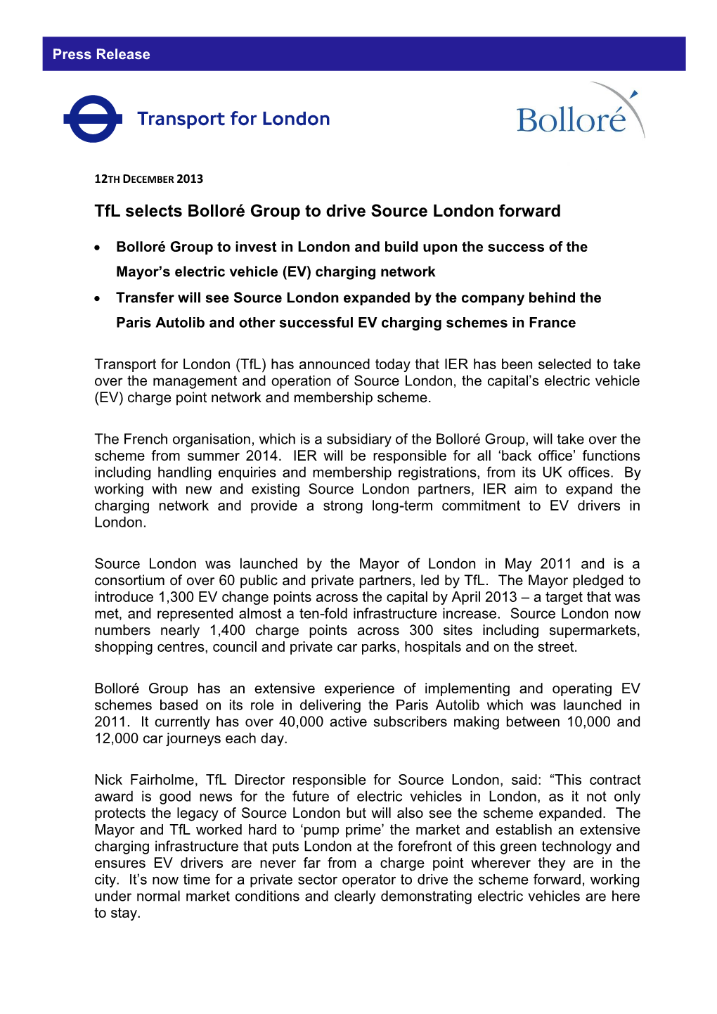 Tfl Selects Bolloré Group to Drive Source London Forward