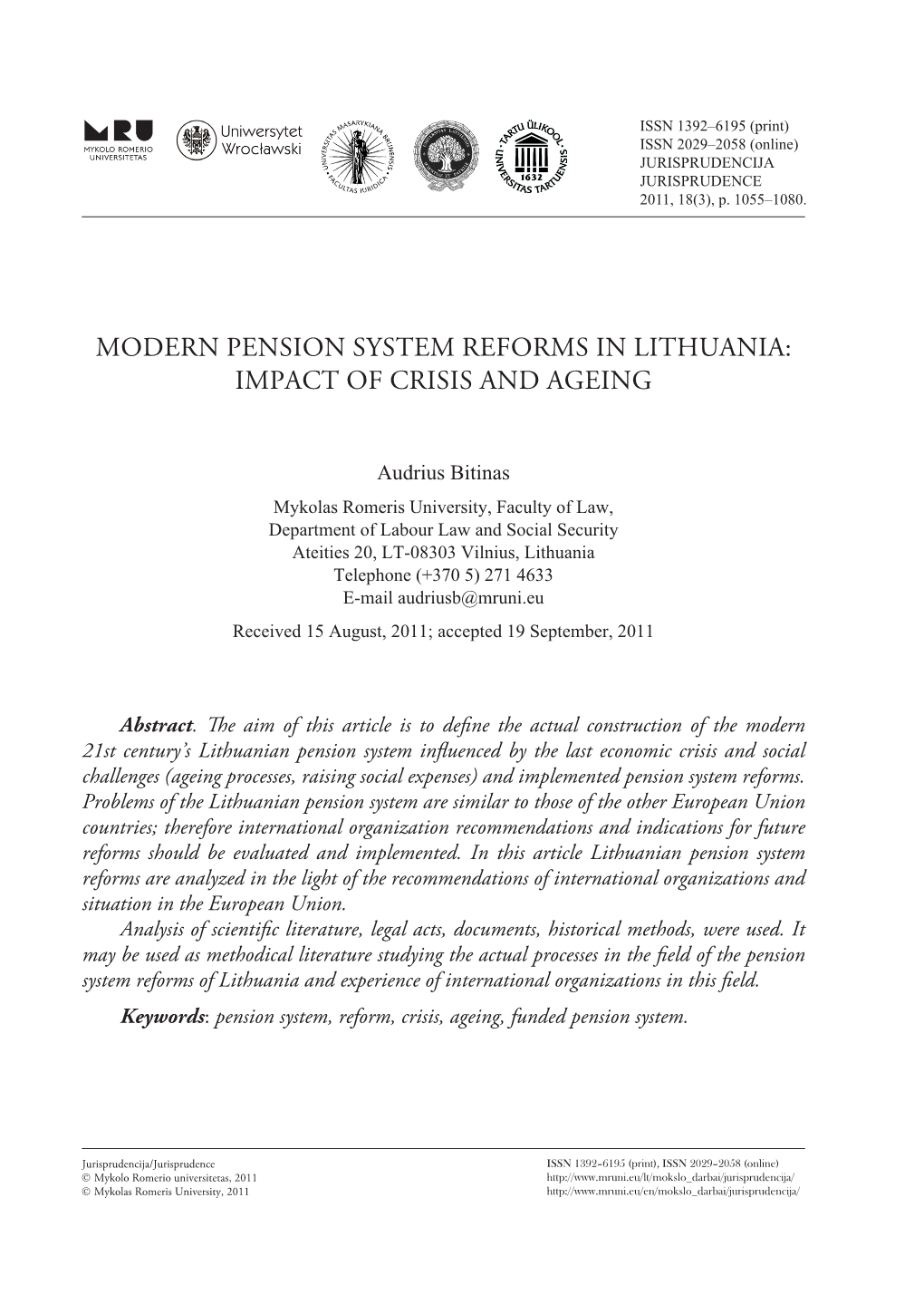 Modern Pension System Reforms in Lithuania: Impact of Crisis and Ageing