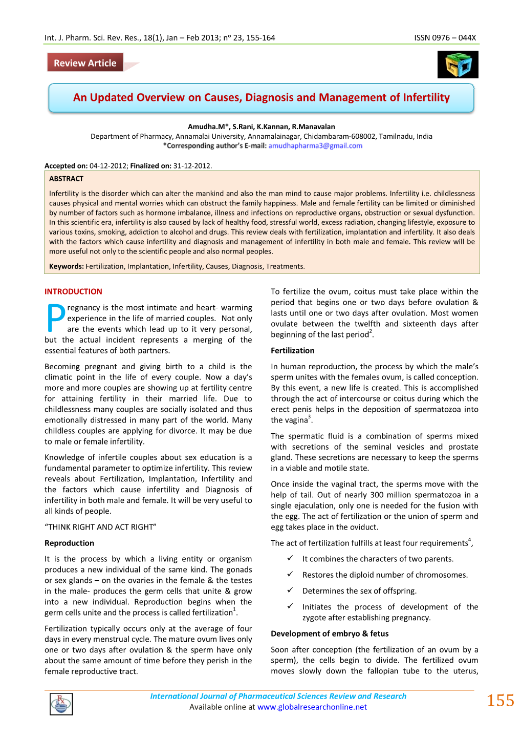 An Updated Overview on Causes, Diagnosis and Management of Infertility