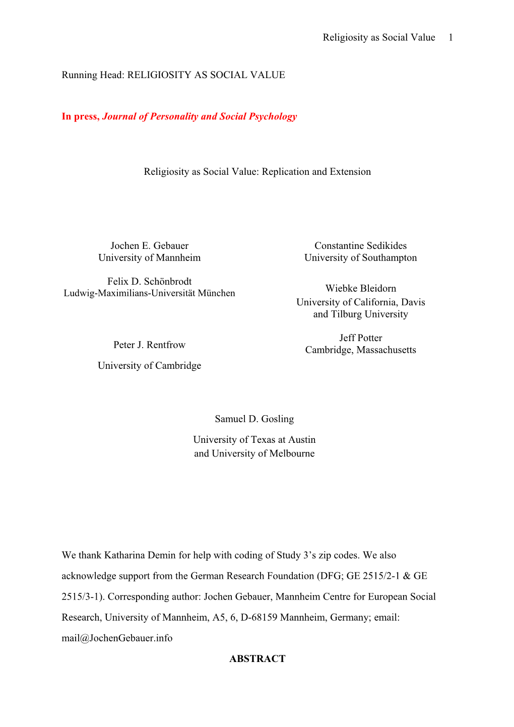 In Press, Journal of Personality and Social Psychology