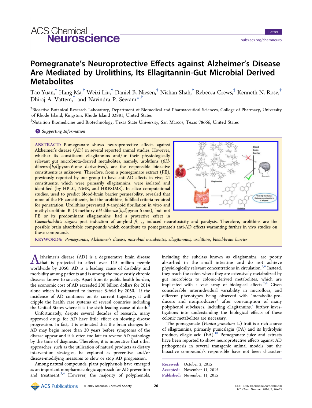 Pomegranate's Neuroprotective Effects Against Alzheimer's Disease Are Mediated by Urolithins, Its Ellagitannin-Gut Microbial