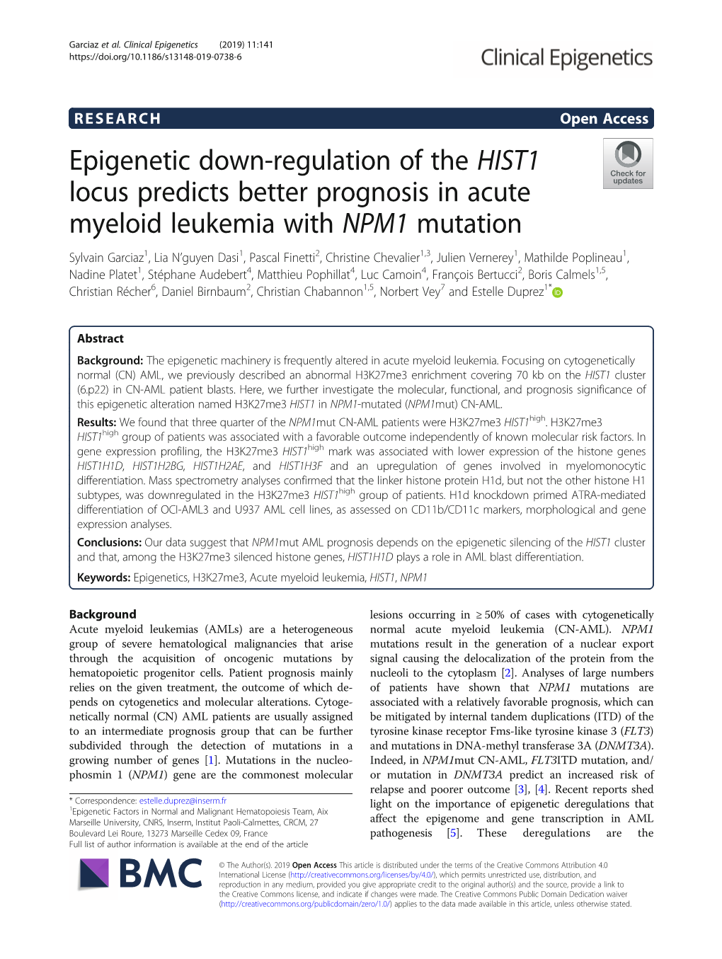 Epigenetic Down-Regulation of the HIST1 Locus Predicts Better