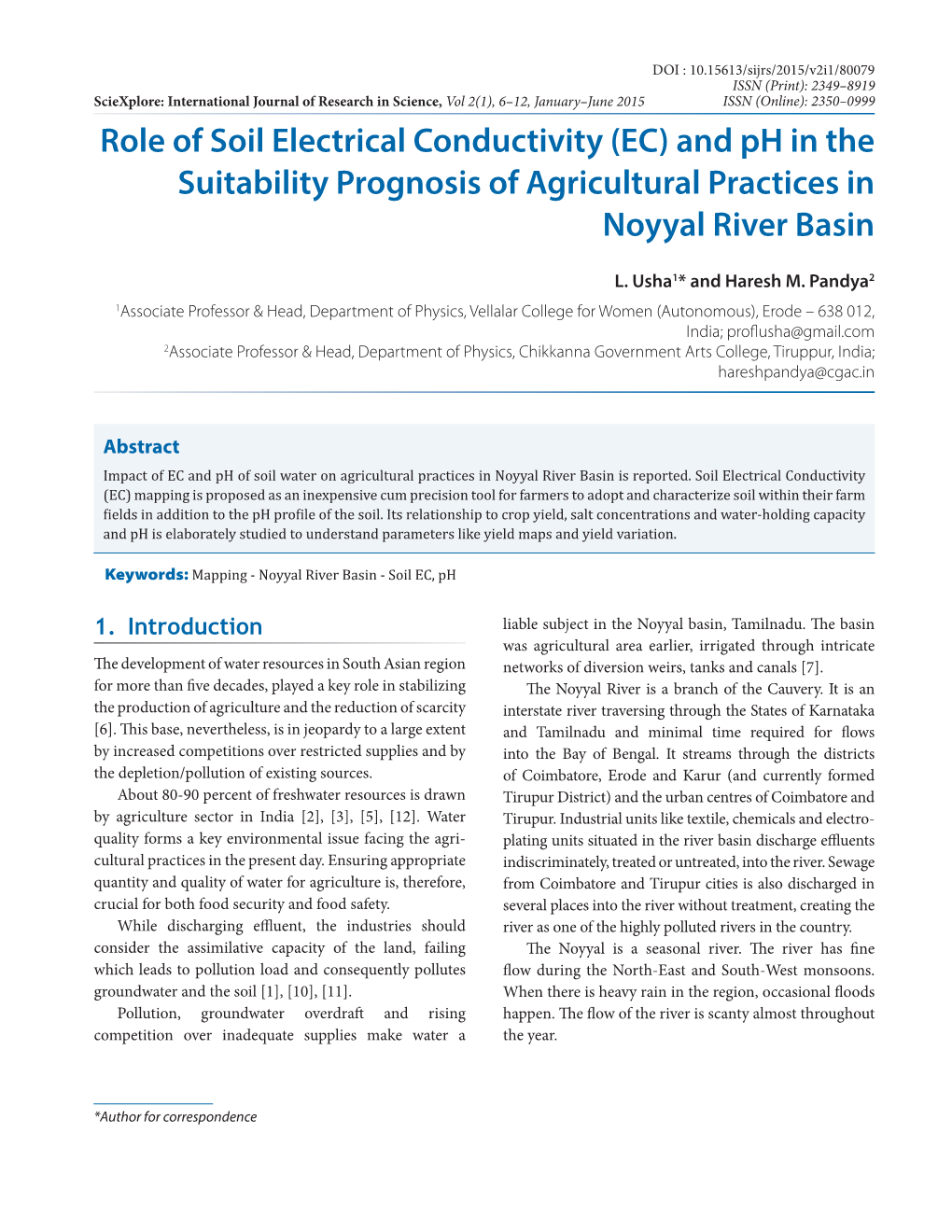 Role of Soil Electrical Conductivity (EC) and Ph in the Suitability Prognosis of Agricultural Practices in Noyyal River Basin