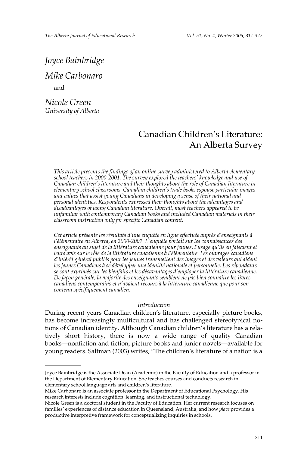 Joyce Bainbridge Mike Carbonaro Nicole Green Canadian Children's