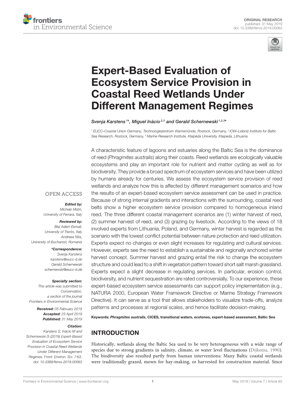 Expert-Based Evaluation of Ecosystem Service Provision in Coastal Reed Wetlands Under Different Management Regimes