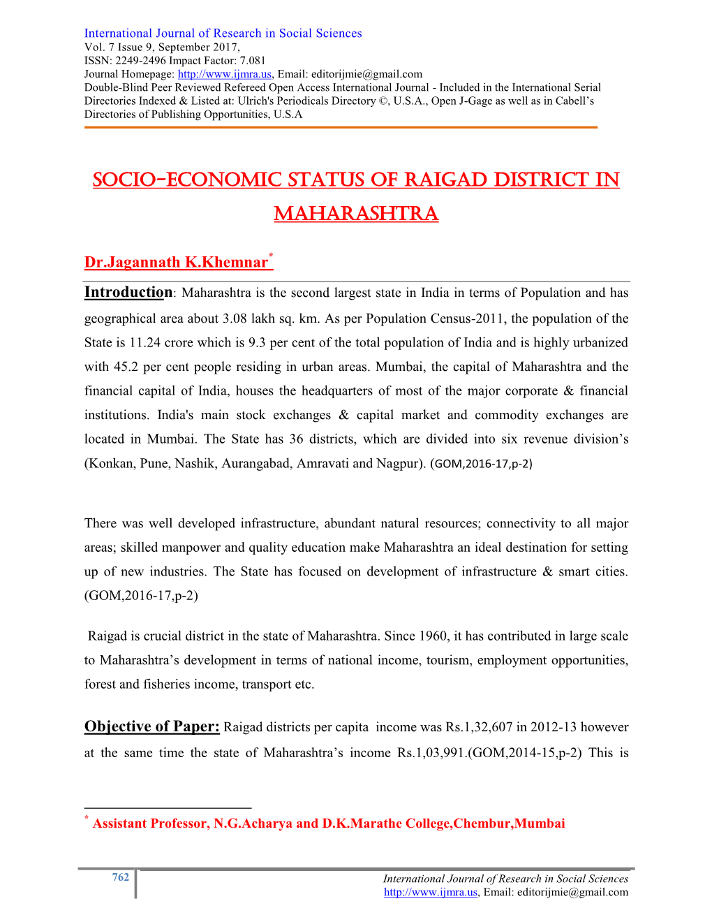 Socio-Economic Status of Raigad District in Maharashtra