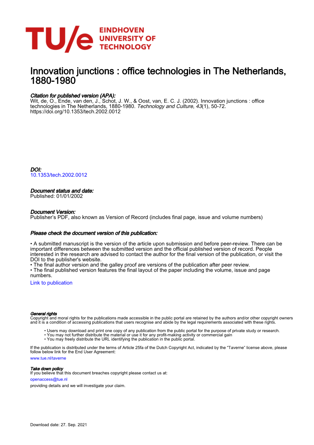 Innovation Junctions : Office Technologies in the Netherlands, 1880-1980
