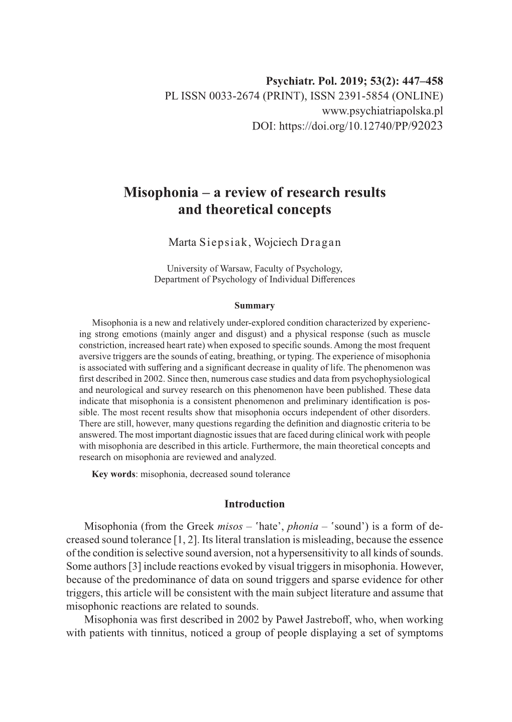 Misophonia – a Review of Research Results and Theoretical Concepts