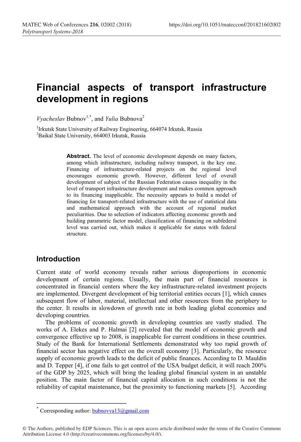 Financial Aspects of Transport Infrastructure Development in Regions