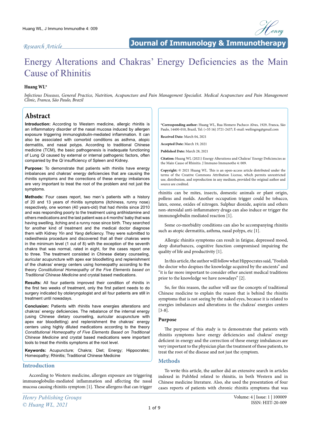 Energy Alterations and Chakras' Energy Deficiencies As the Main Cause of Rhinitis